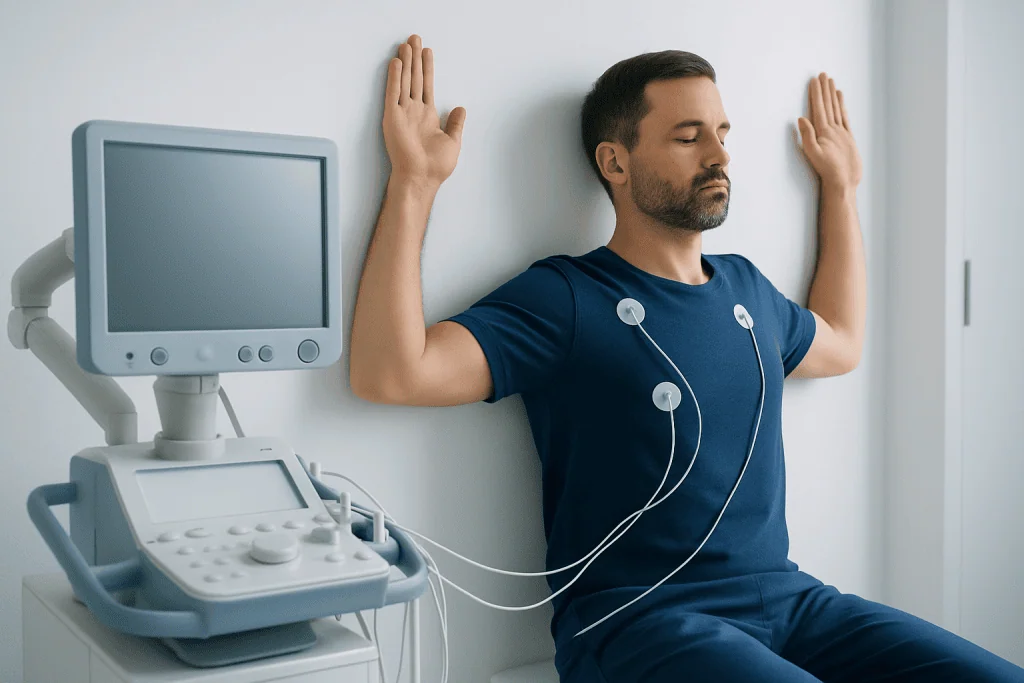 Patient undergoing an ECG test with electrodes attached to chest and arms.