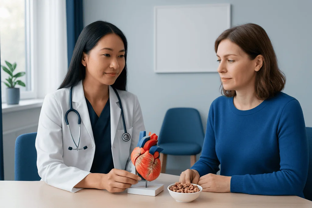 Doctor explaining heart health to a patient with a model of a heart.