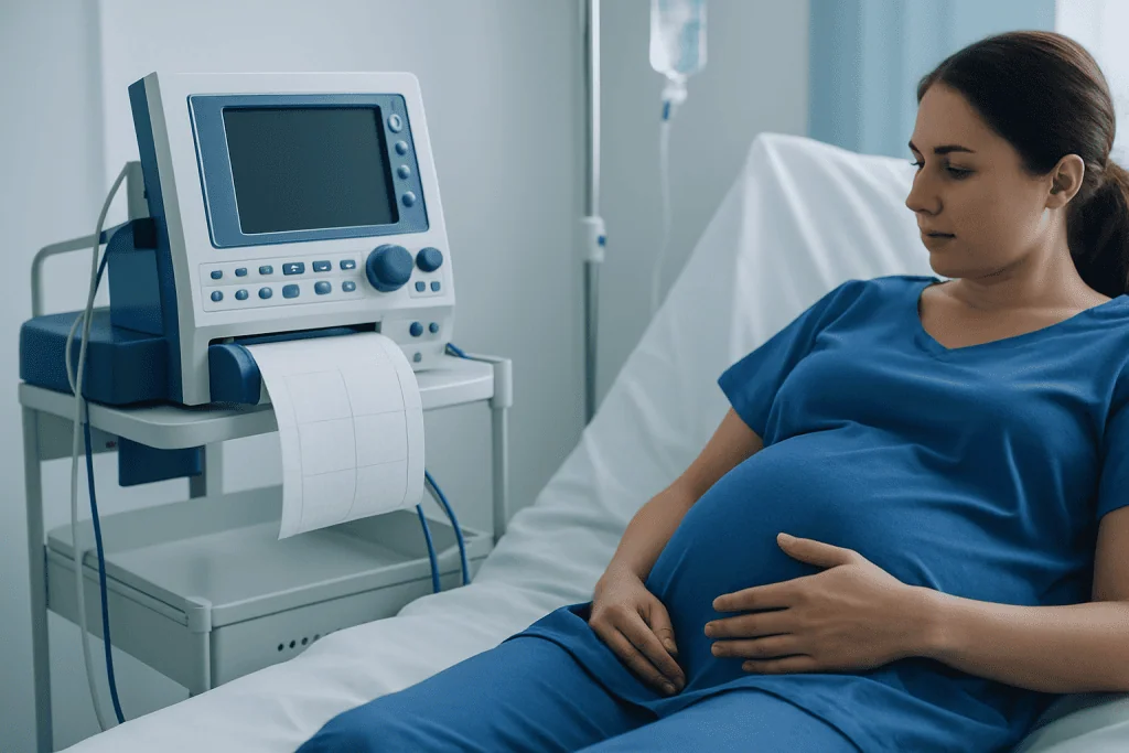 Pregnant woman in hospital bed with fetal monitor for labor monitoring.
