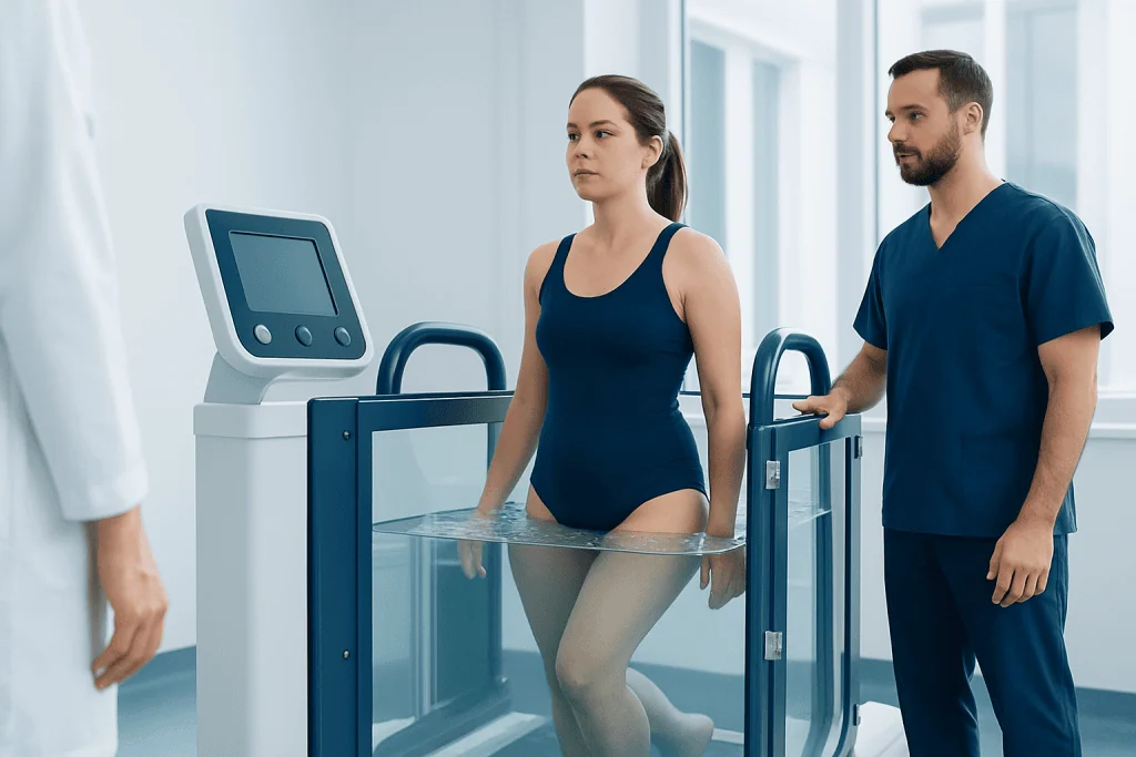 Woman undergoing water therapy in a medical facility with healthcare professional nearby.