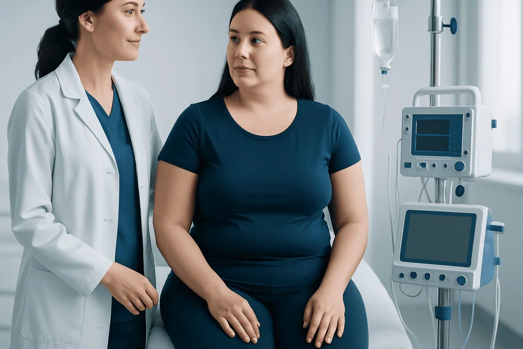 Doctor consulting with a patient in a hospital room with medical equipment.