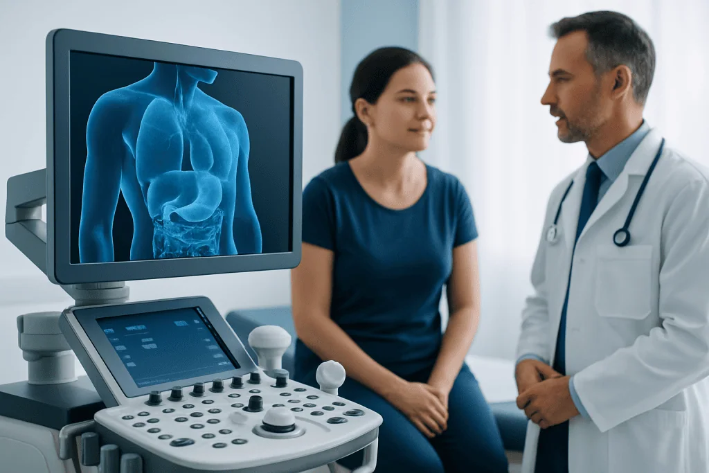 Doctor explaining abdominal scan to patient in a medical clinic.