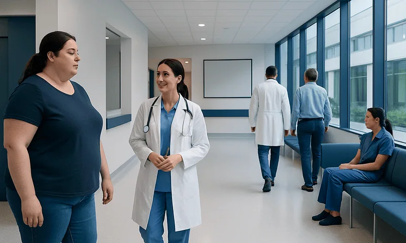 Hospital corridor with medical staff and patients at Acibadem Hospitals Group.