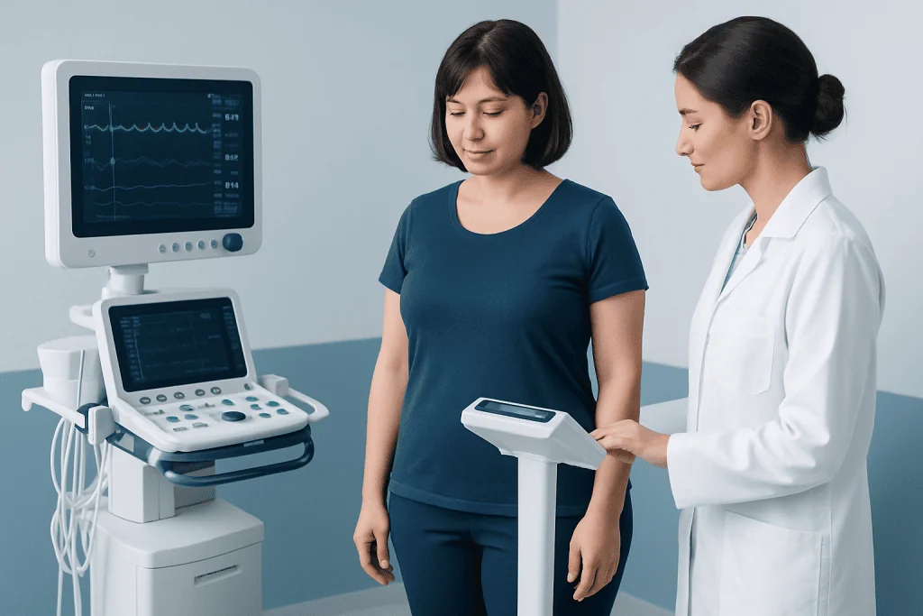 Medical professional and patient using health monitoring devices in clinic.
