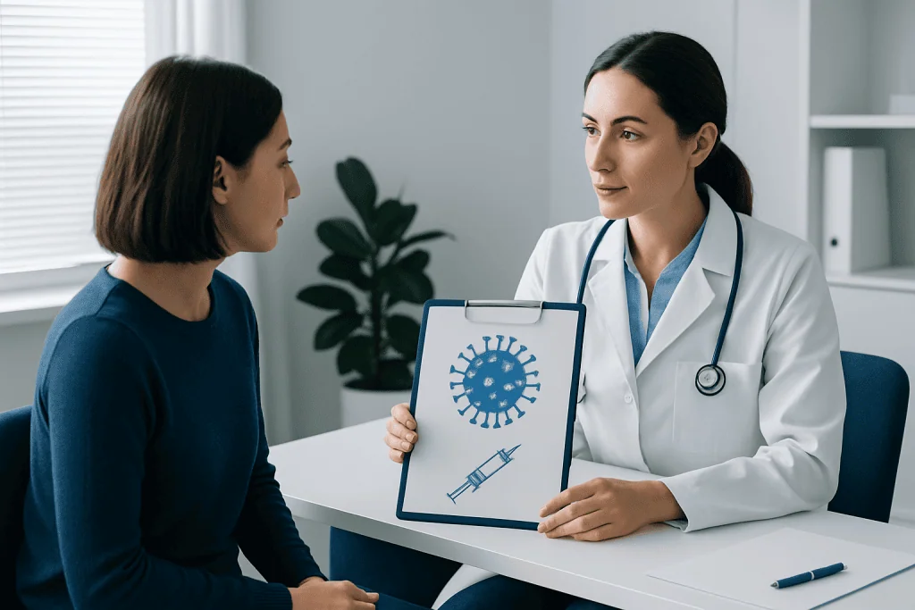 Doctor explaining chickenpox vaccine to patient in a clinic setting.