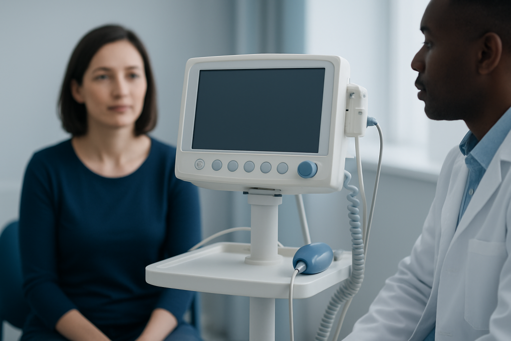 Doctor and patient in a medical consultation with monitoring equipment.