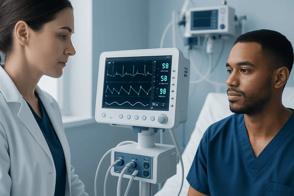 Medical professionals monitor patient vital signs on a heart rate monitor.