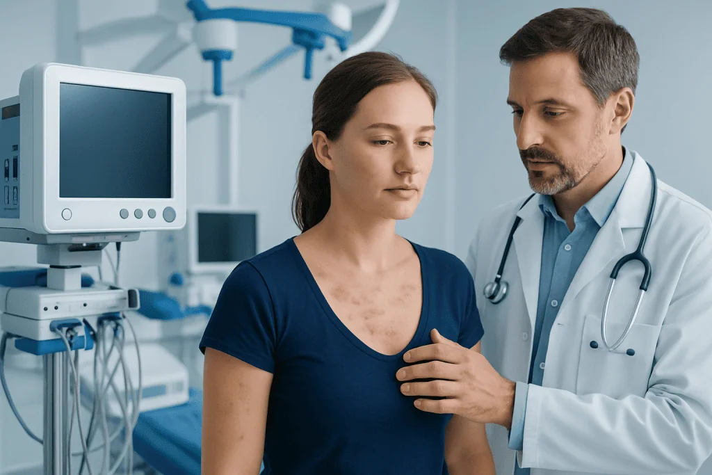 Doctor examining a patient with skin welts in a hospital room.