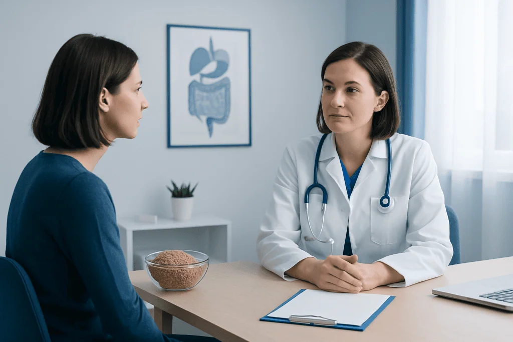 Doctor consulting patient about dietary fiber benefits in a clinic setting.