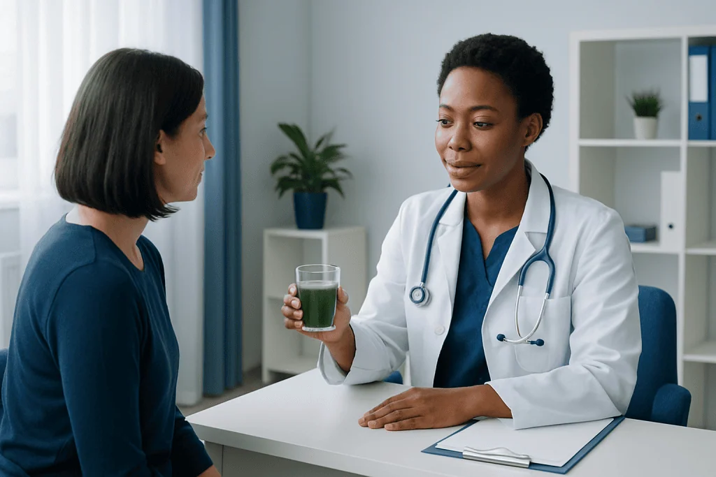 Doctor explaining health benefits of wheatgrass to patient in clinic.