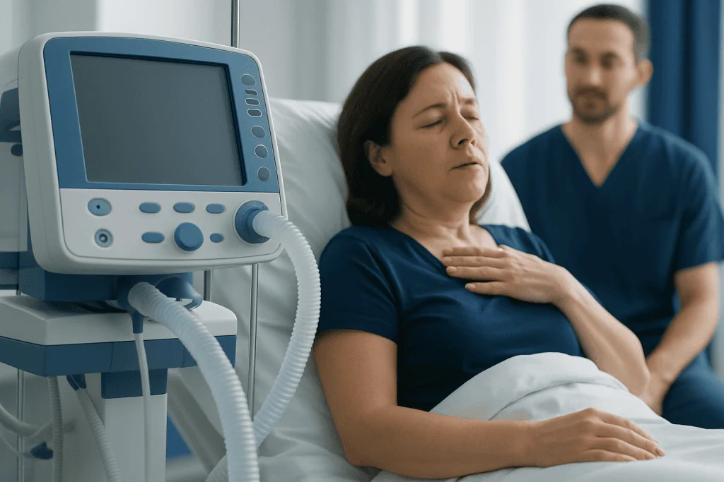 Patient experiencing breathing difficulty in hospital bed with ventilator nearby.