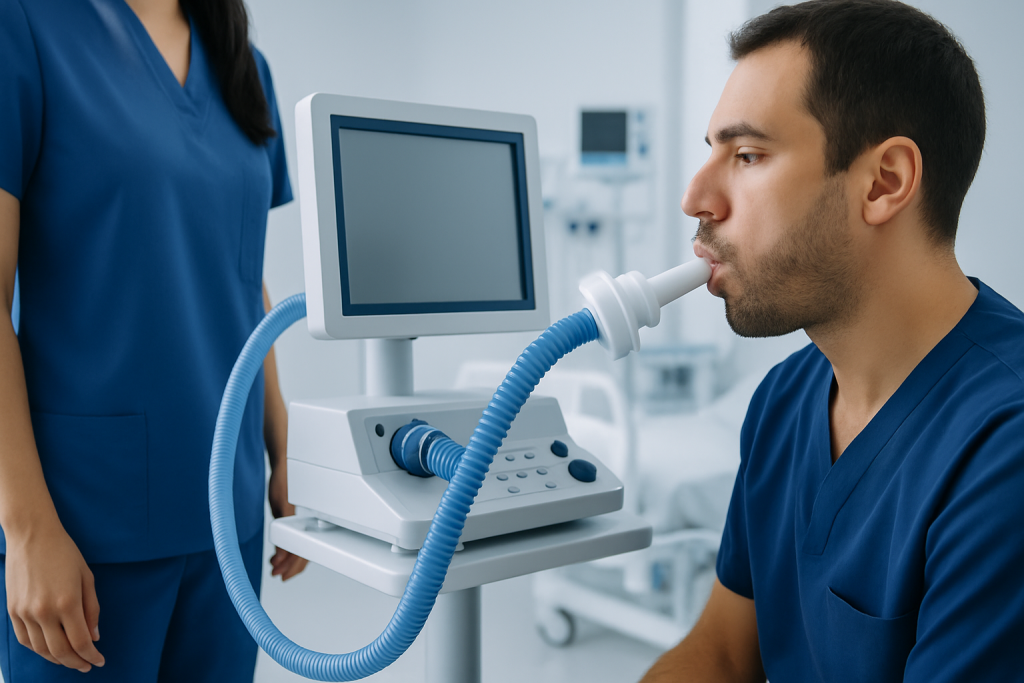 Patient undergoing respiratory therapy with medical equipment in hospital.