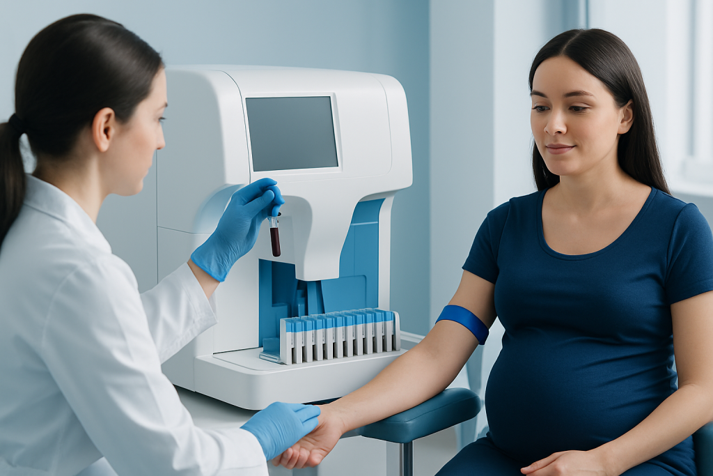 Medical professional drawing blood from a pregnant woman in a clinical setting.