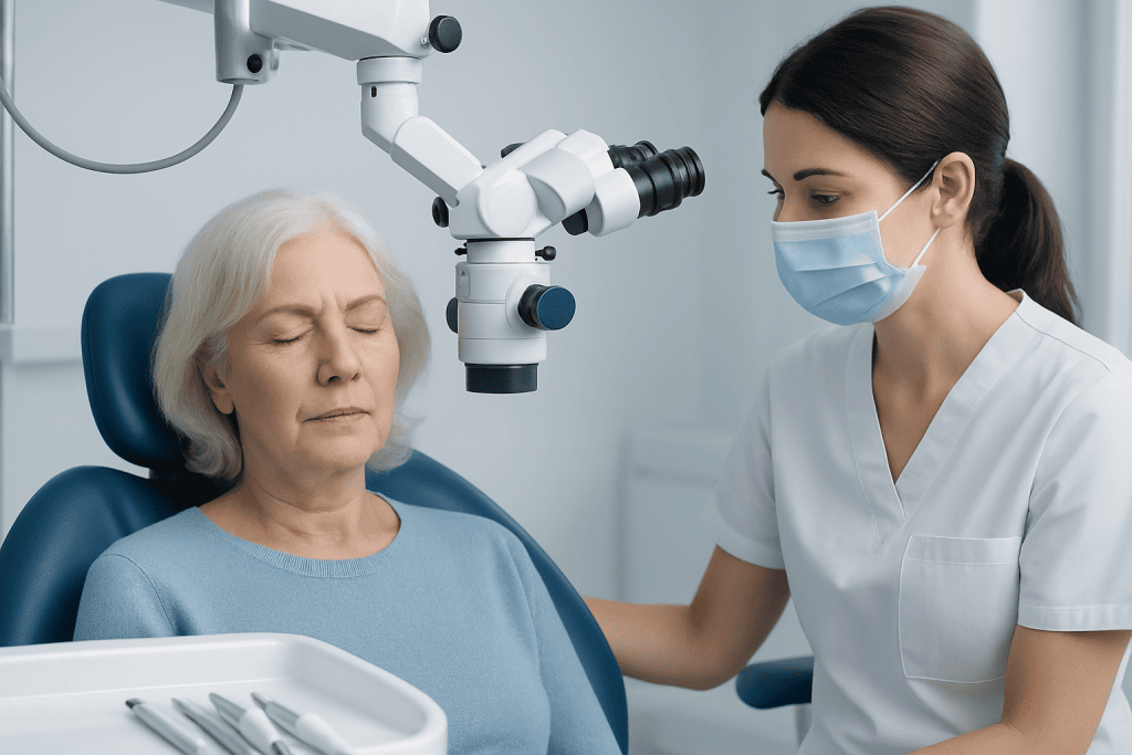 Dentist examining elderly woman's oral health with a microscope in a clinic.