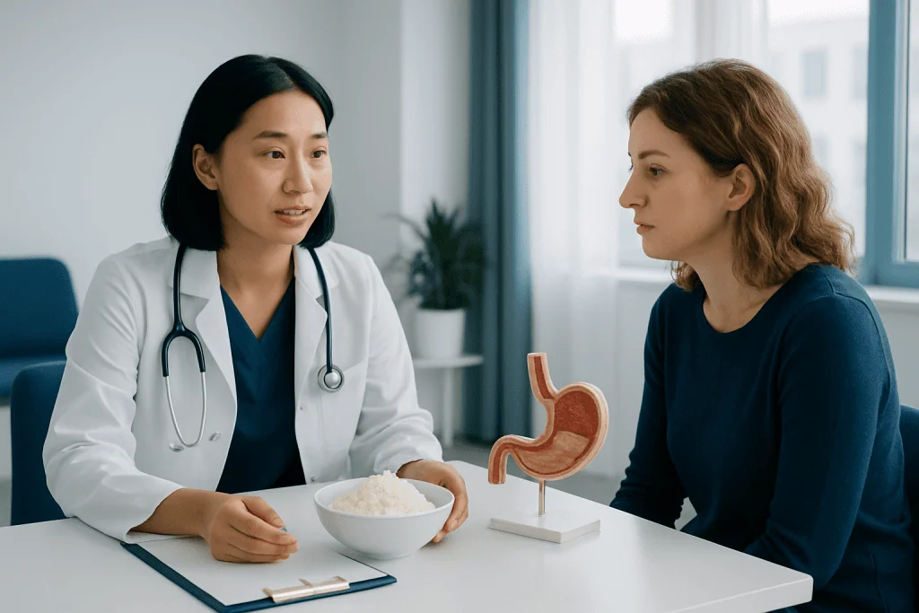 Doctor explaining stomach health to a patient with a model of the stomach.
