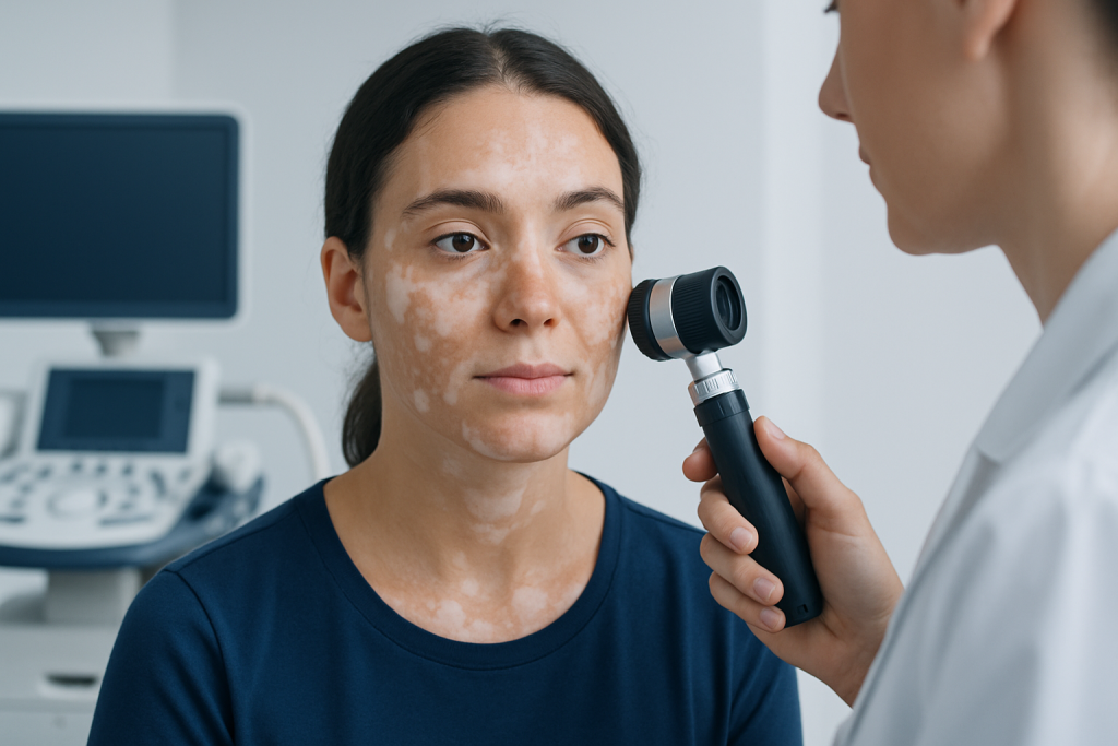 Dermatologist examining facial skin with white spots using a magnifying device.