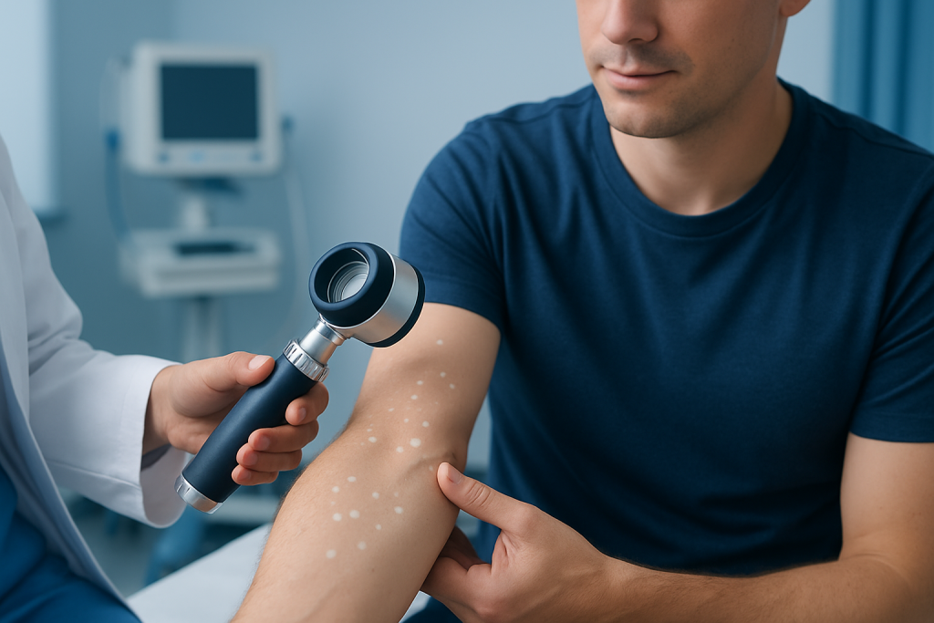 Doctor examining skin with a dermatoscope for small white spots.
