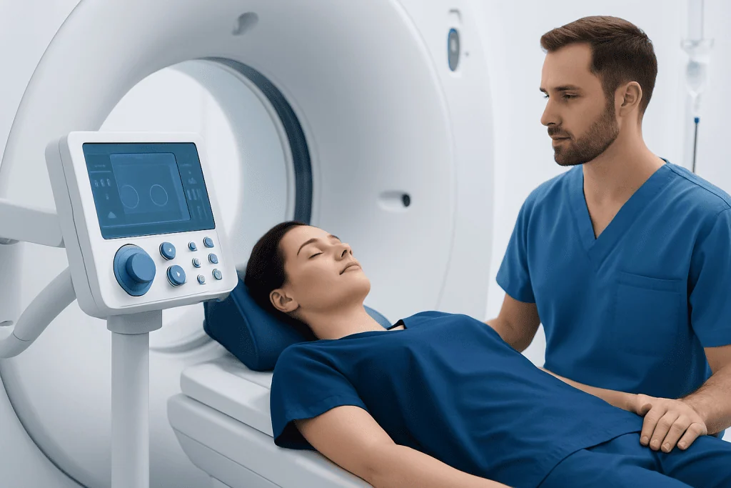 Patient undergoing MRI scan at Acibadem Hospital for medical diagnosis.