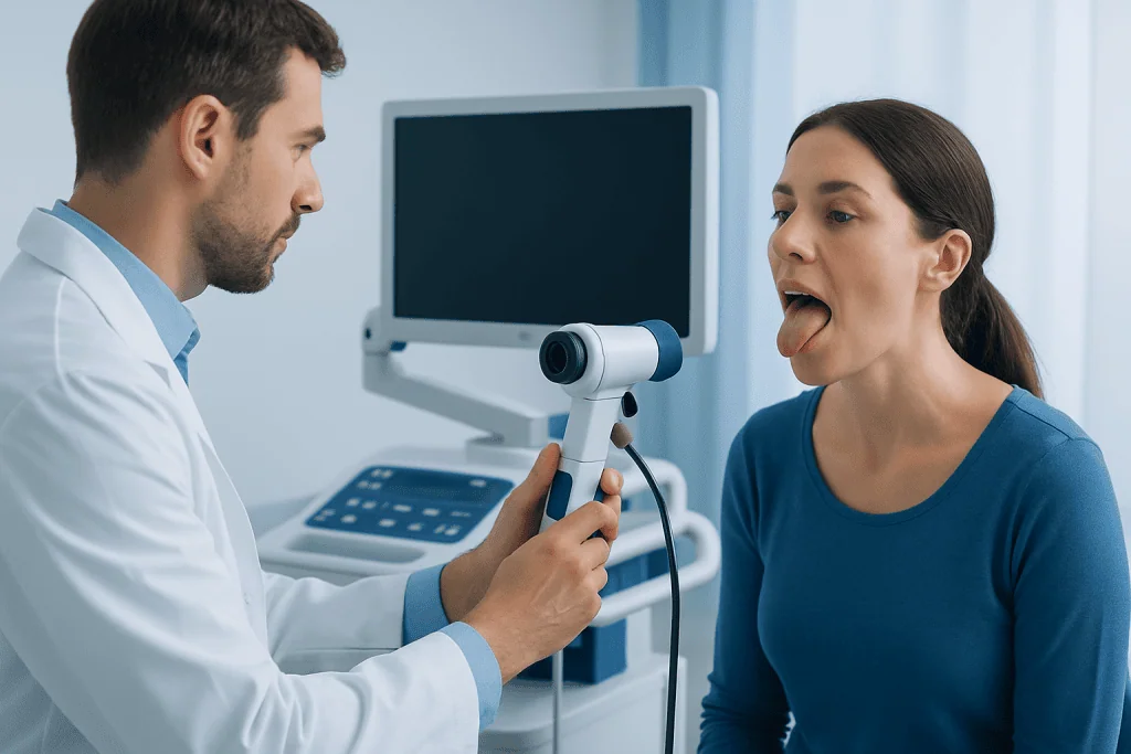 Doctor examines patient's throat with a tongue depressor and medical equipment.