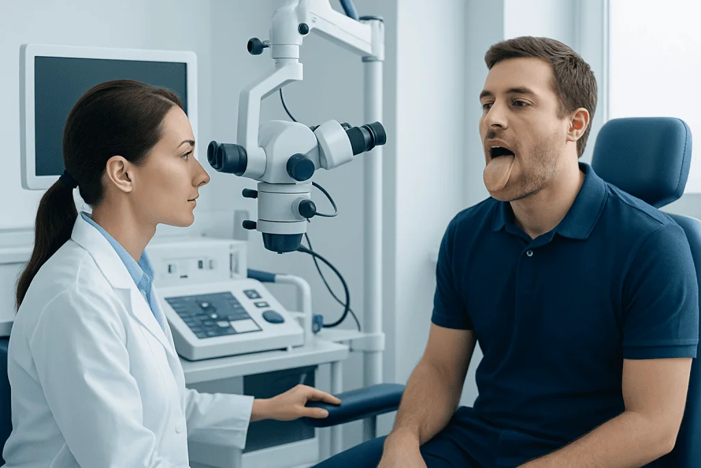 Doctor examines patient's tongue during a medical consultation at Acibadem Hospital.