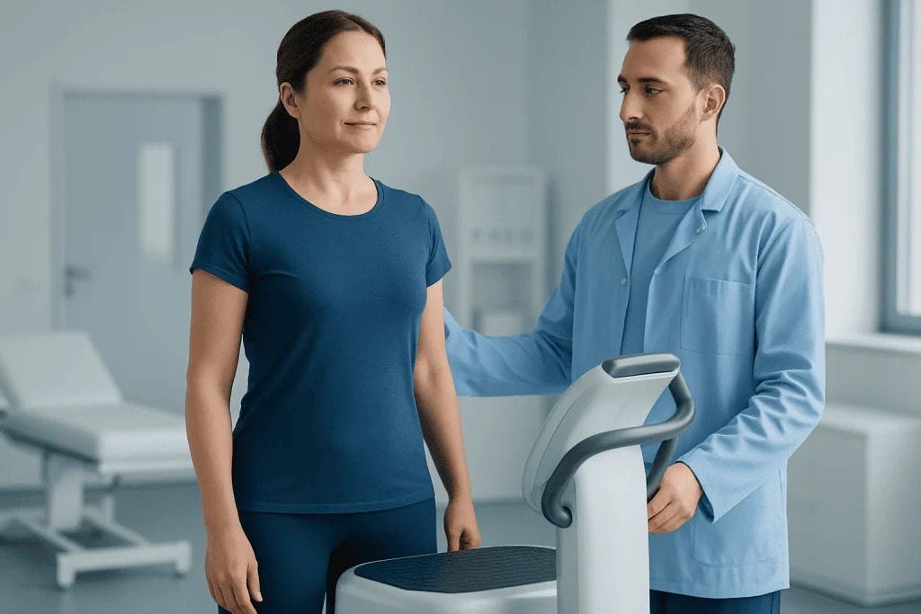Medical consultation with a female patient and male doctor in a hospital setting.