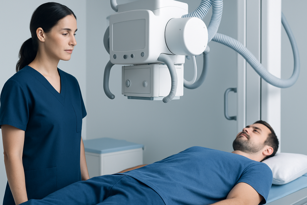 Medical technician preparing X-ray machine for patient in hospital.