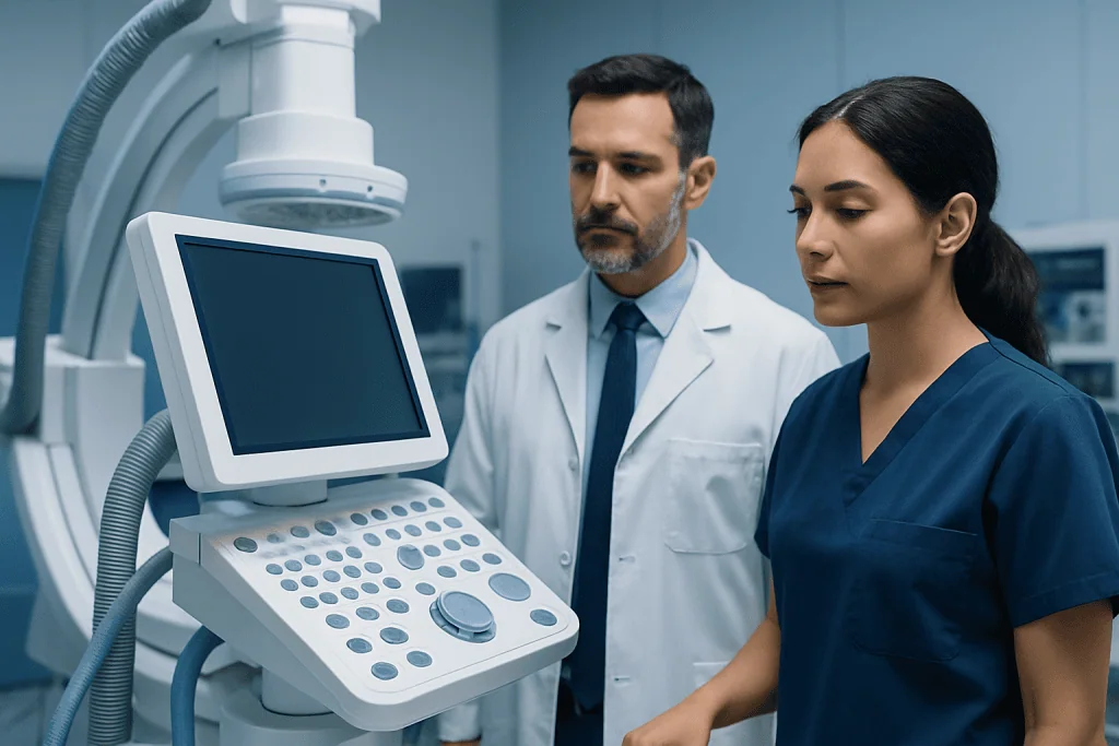 Medical professionals using ultrasound equipment in a hospital setting.