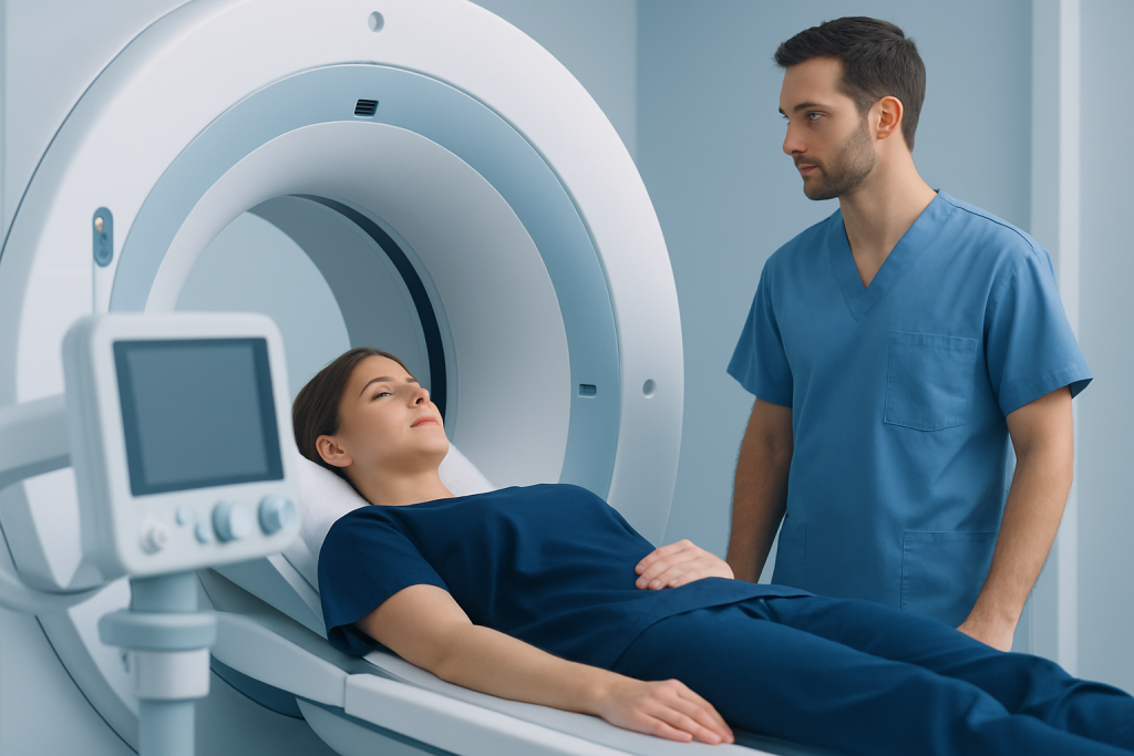 Patient undergoing MRI scan at Acibadem Hospital with medical staff present.