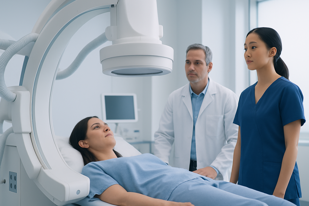 Medical professionals perform an imaging procedure on a patient in a hospital.