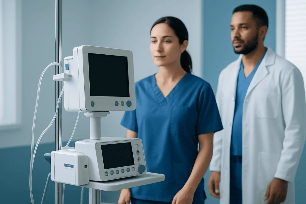 Medical professionals reviewing patient monitoring equipment in hospital.