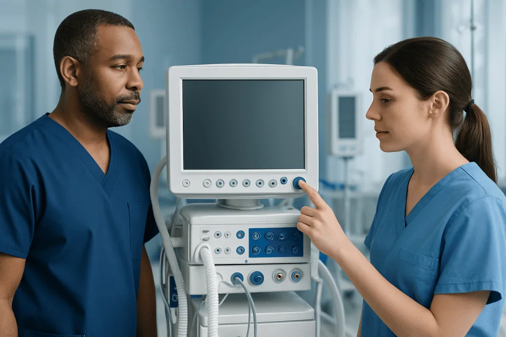 Medical professionals operating a patient monitor in a hospital setting.
