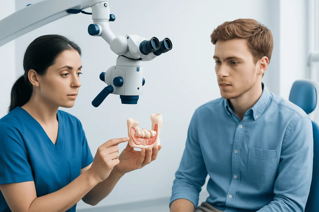 Dentist explaining wisdom teeth with dental model and microscope in clinic.