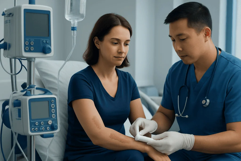 Medical professional treating a patient's healing wound in hospital.