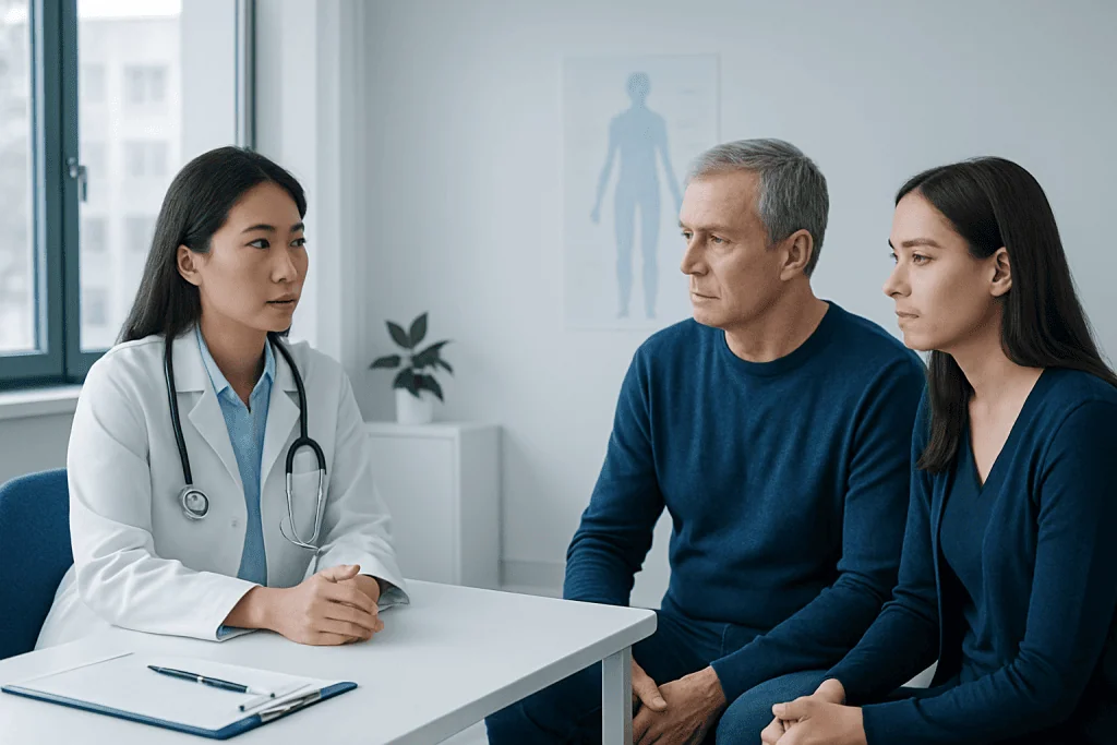 Doctor consulting with a male and female patient in a modern hospital setting.