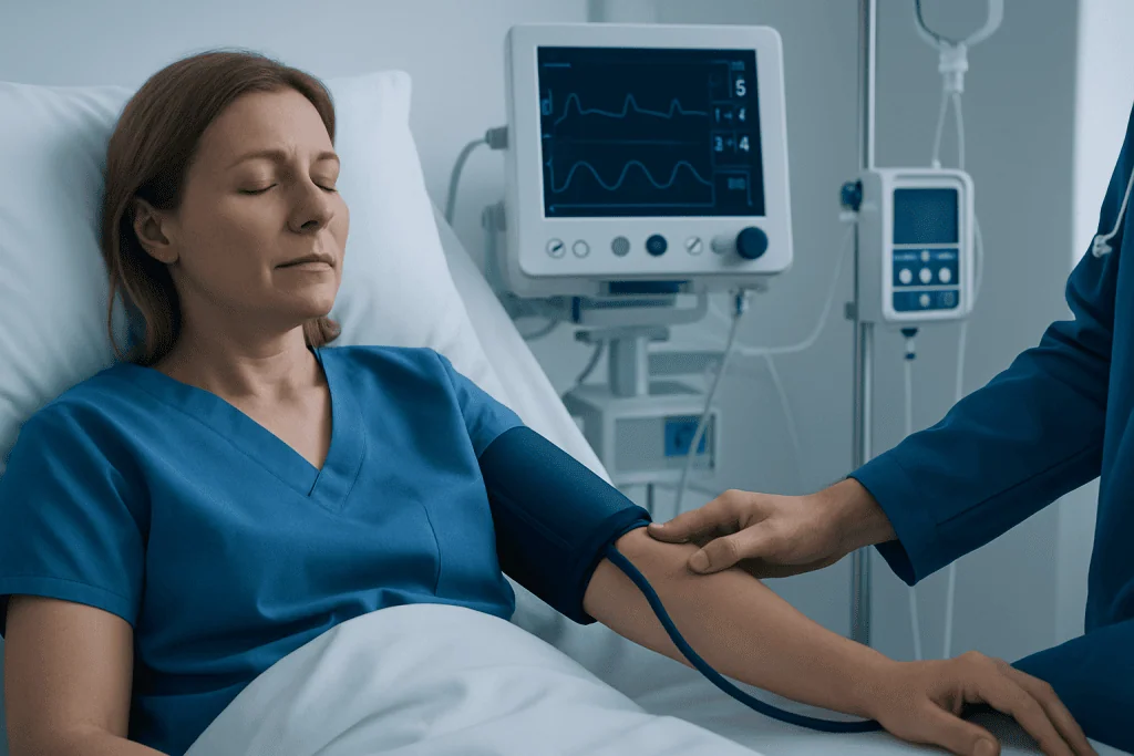 Patient in hospital bed having blood pressure checked by nurse.