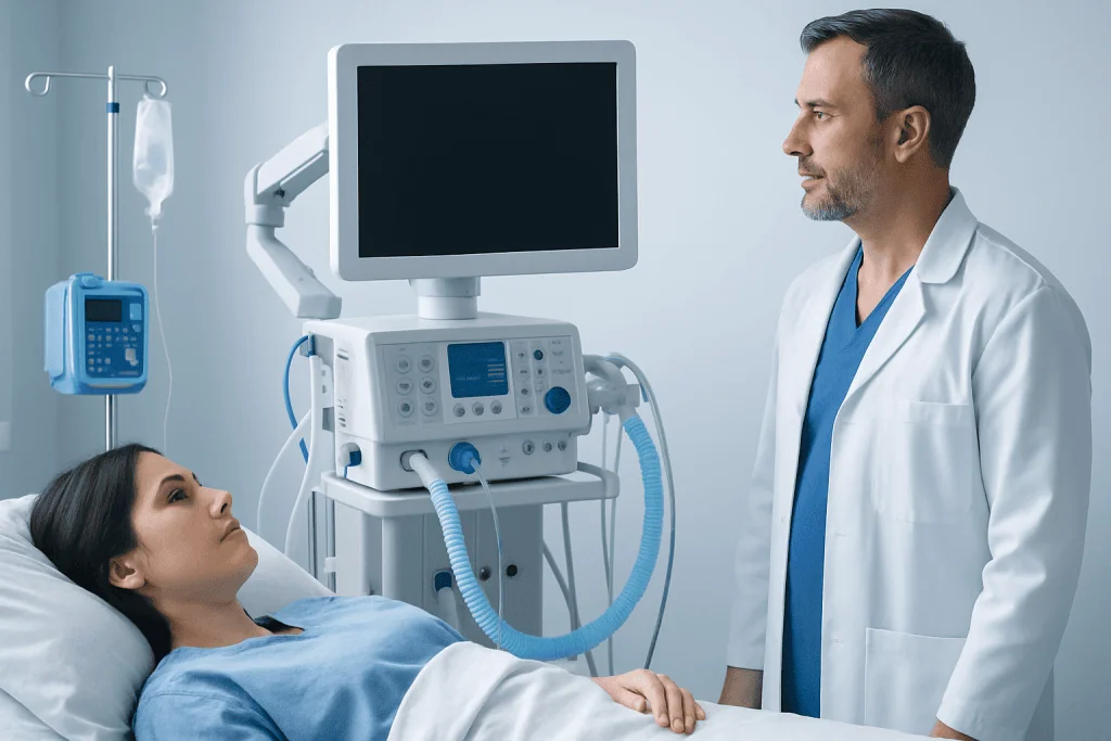 Doctor consulting patient in hospital room with medical equipment.