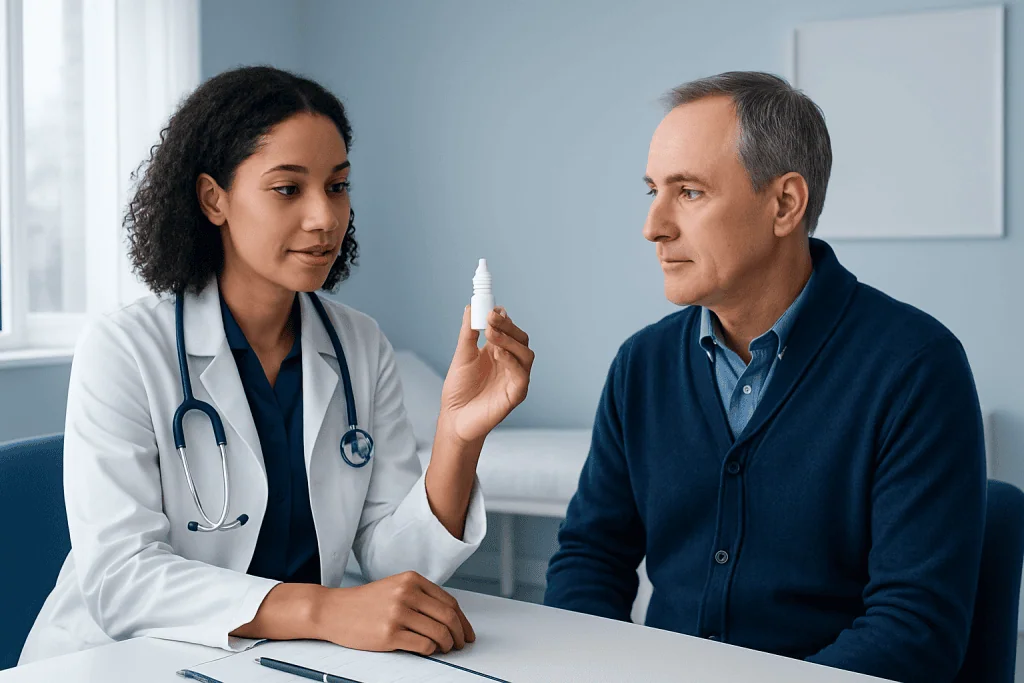 Doctor explaining eye drops to a patient in a clinic setting.