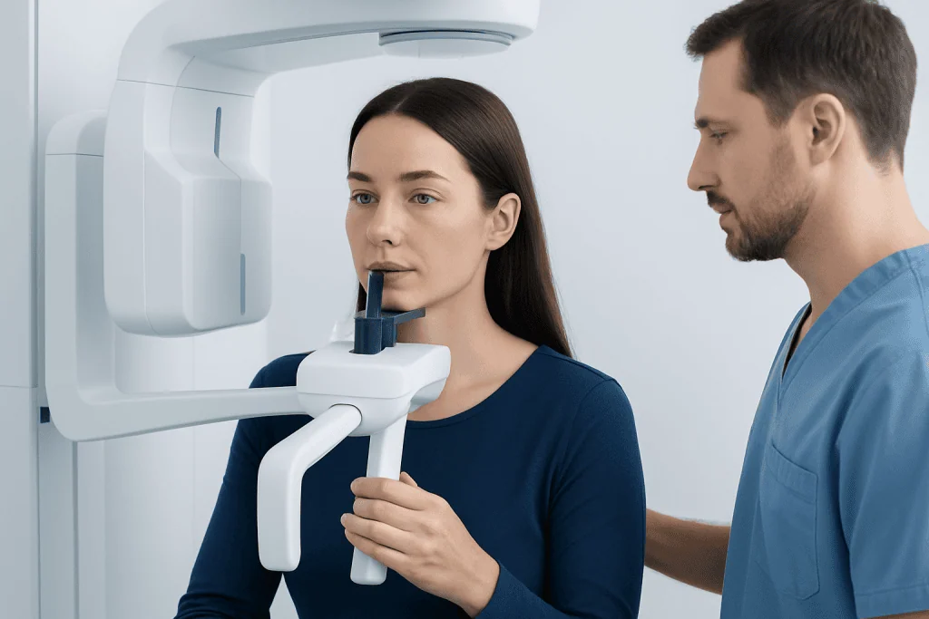 Patient undergoing dental X-ray scan with medical professional assistance.