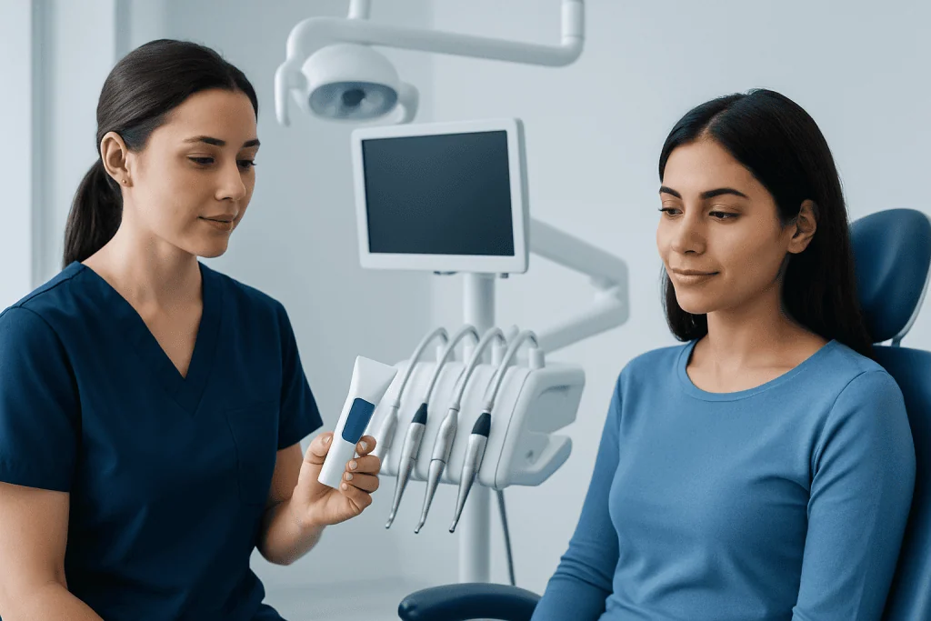 Dentist explaining dental tools to patient in clinic.