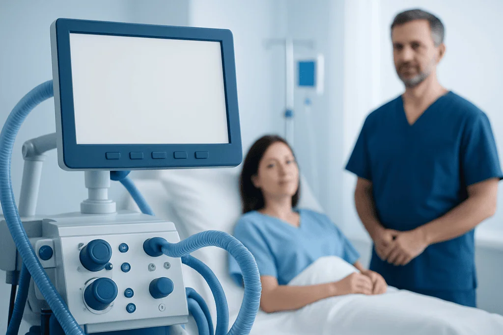 Medical ventilator machine in hospital room with patient and doctor.