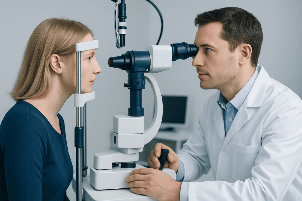 Ophthalmologist performing eye examination with slit lamp microscope.