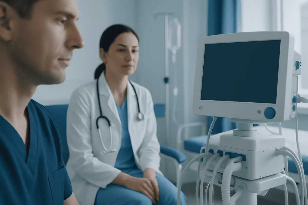 Medical professionals in a hospital room with monitoring equipment.
