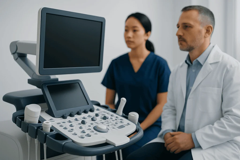 Medical professionals using ultrasound equipment in a clinical setting.