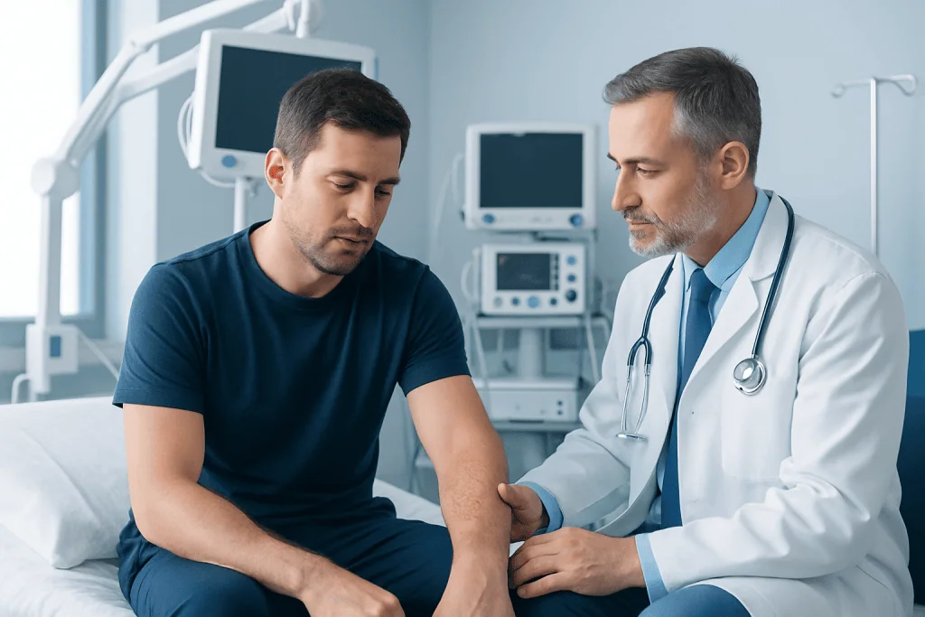 Doctor examining patient's arm in a hospital setting.