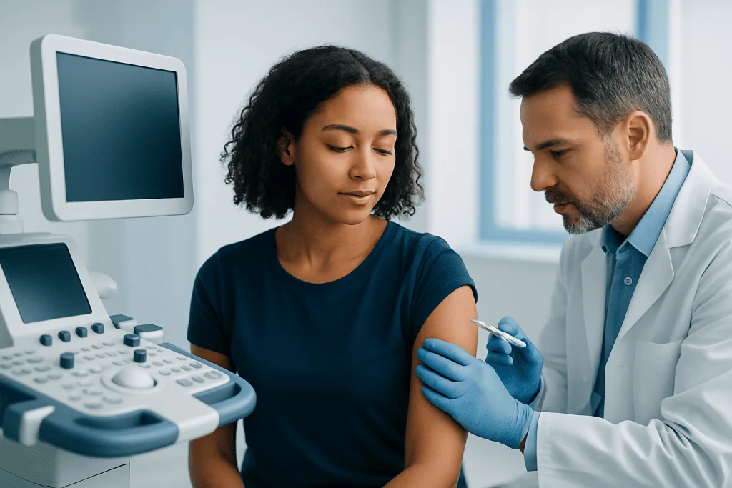 Doctor administering vaccine to a woman in a clinical setting.