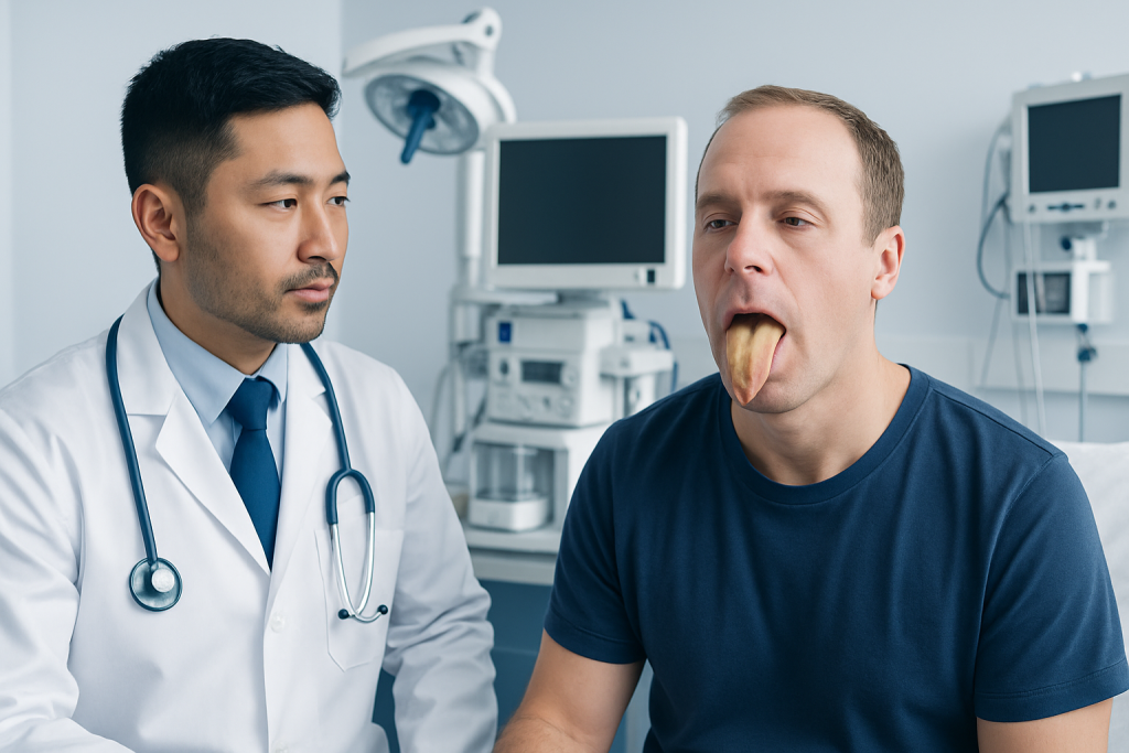 Doctor examining a patient with a tongue disorder in a medical clinic.