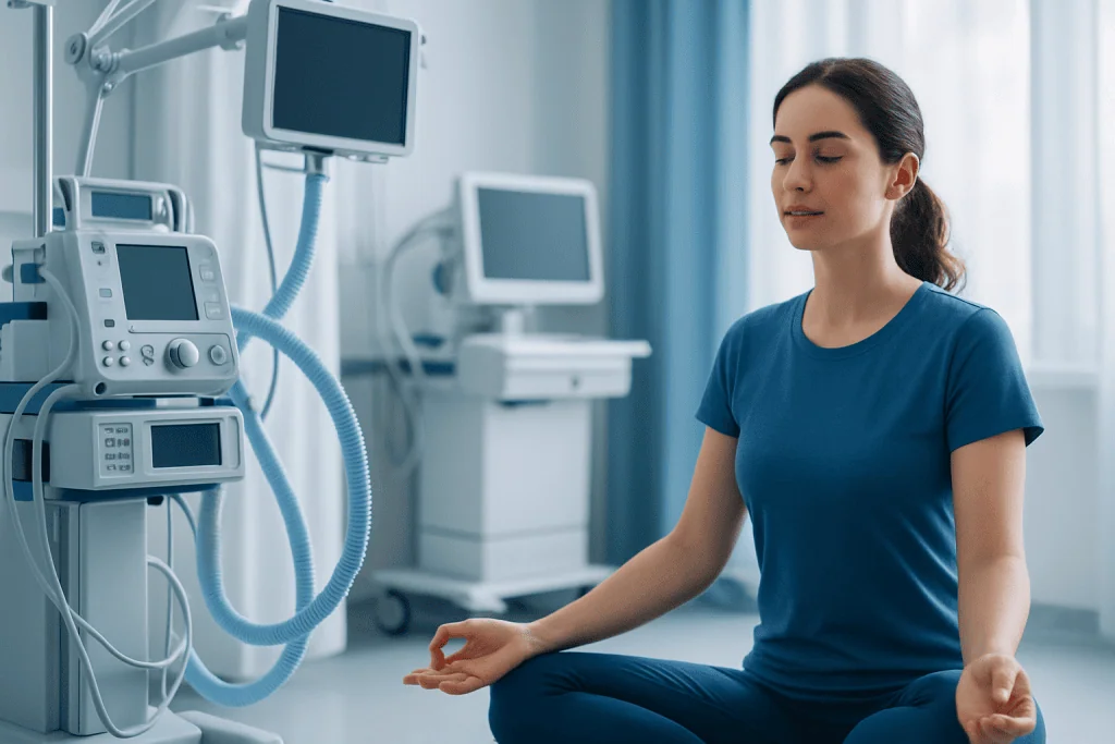 Young woman meditating in a hospital room with medical equipment nearby.