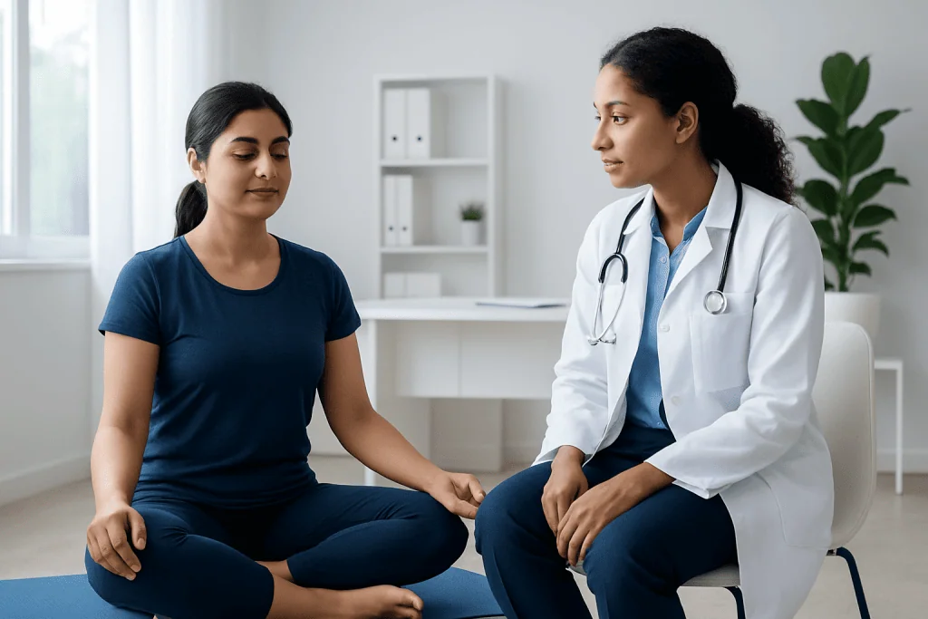 Doctor and patient practicing meditation in a clinical setting.