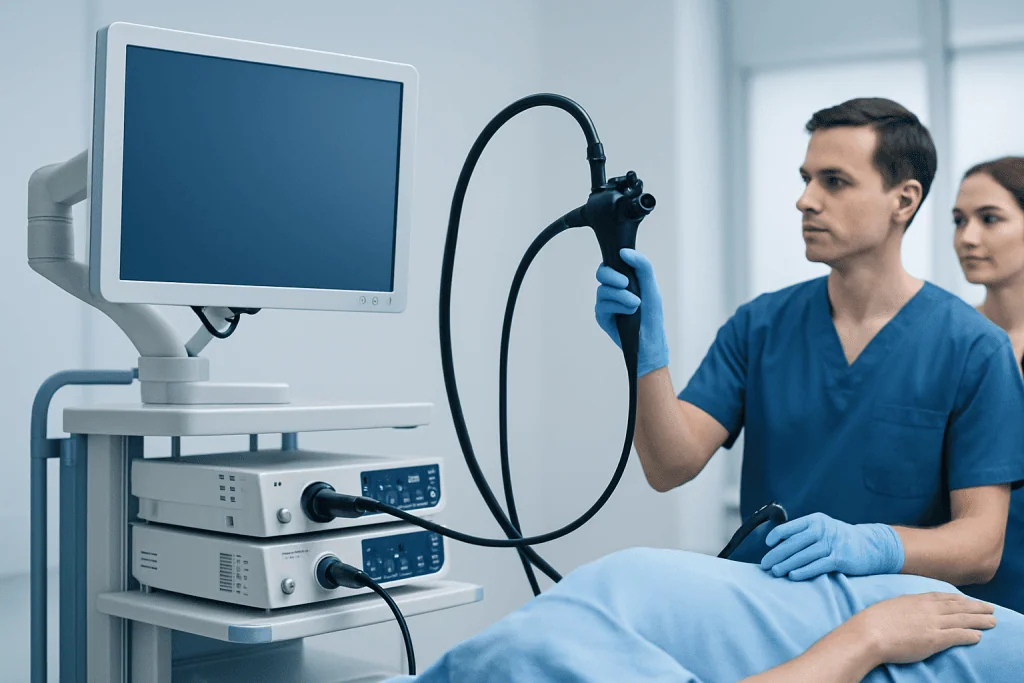 Doctor performing endoscopy procedure in hospital setting.
