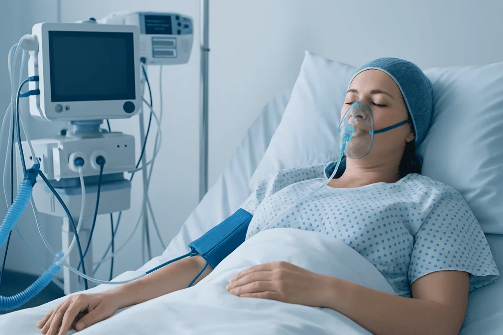 Patient in recovery room with oxygen mask after anesthesia at Acibadem Hospital.